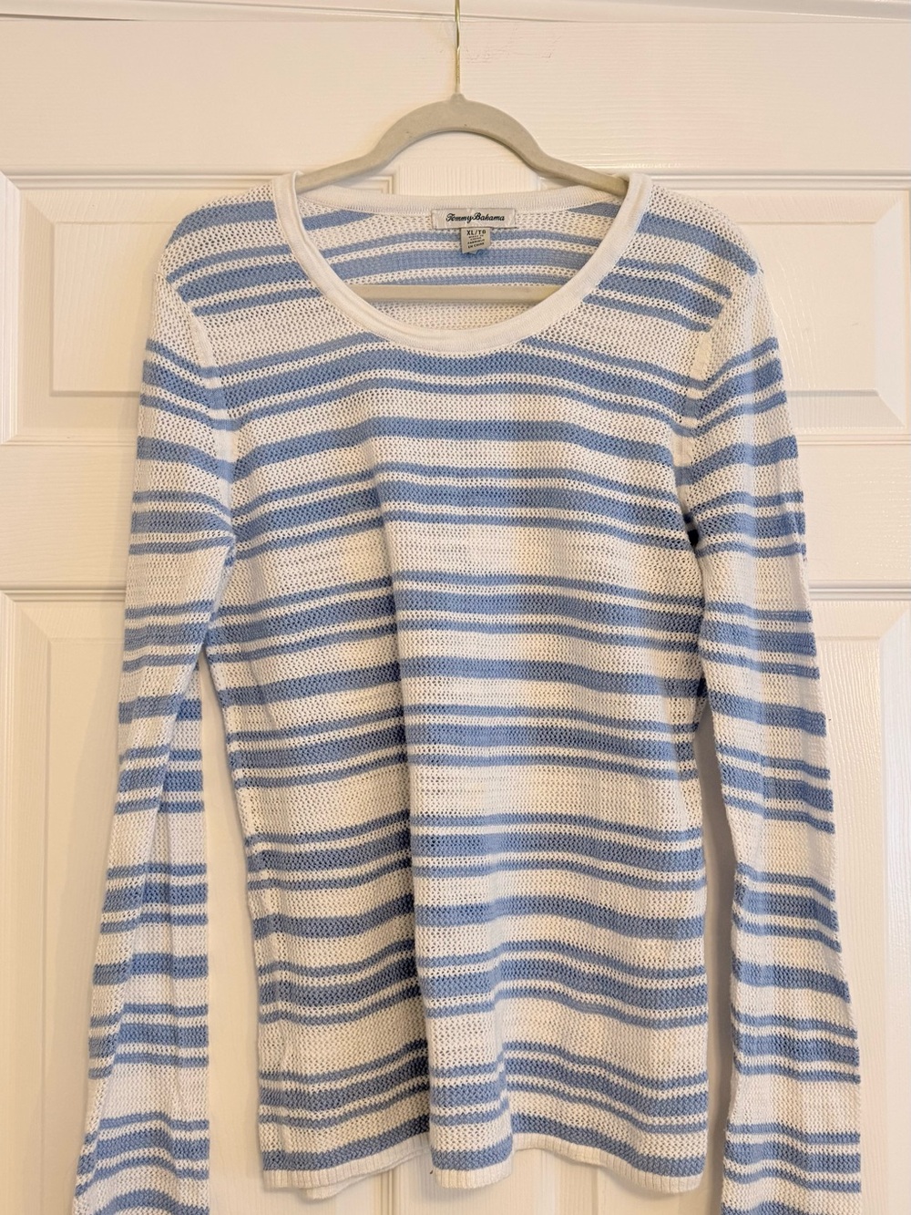 Tommy Bahama White and Light Blue Striped Knit Sweater